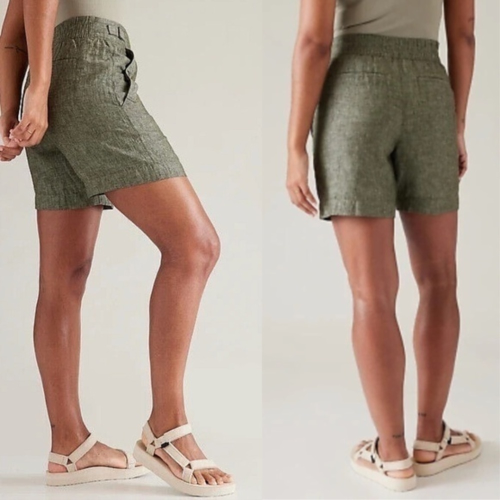 Athleta Voyager Green 100% Linen Shorts Size 10